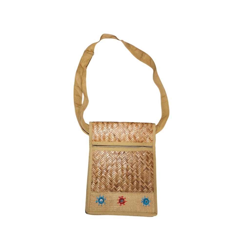 Woven Straw Jute Crossbody Bag Boho Mirror Embroidery Tan Festival Purse